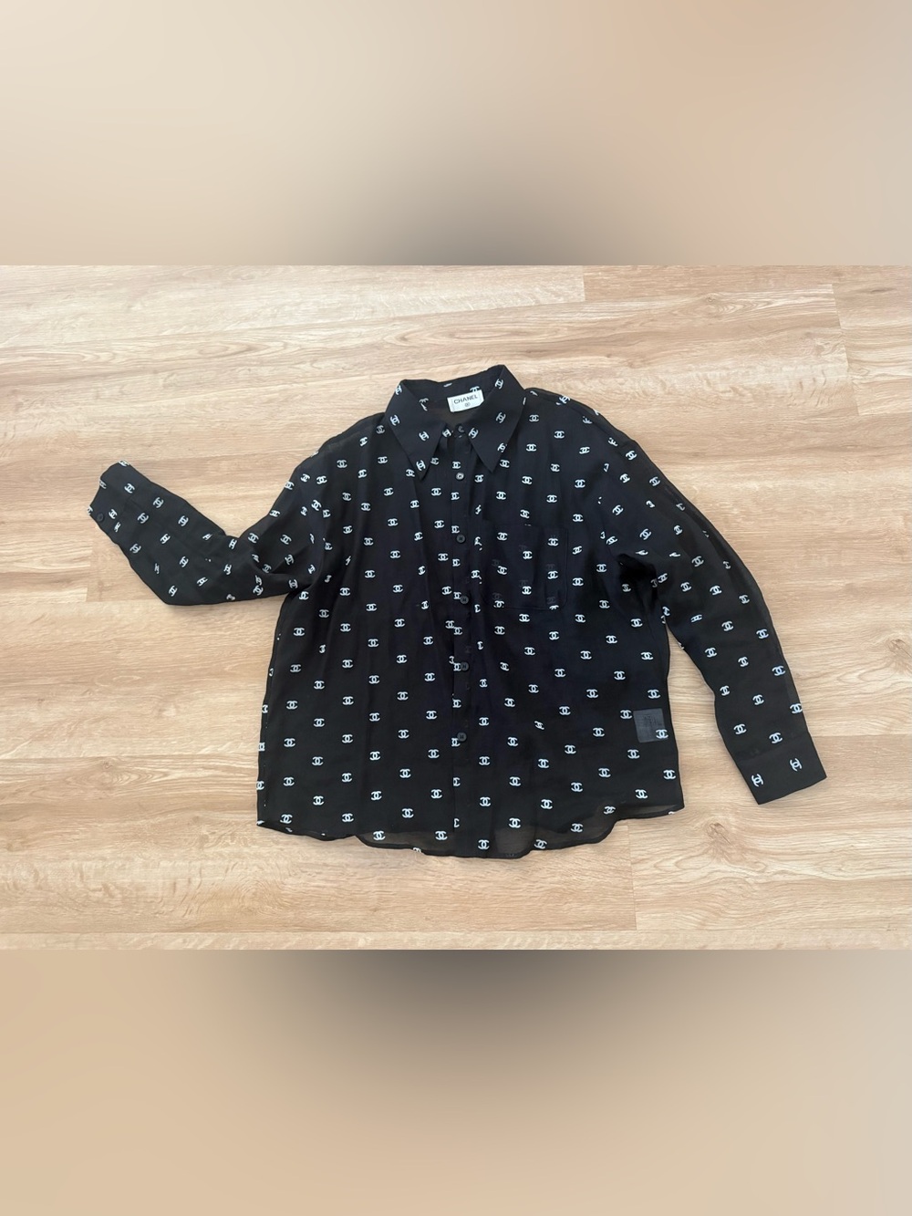 CHANEL Black Button-Down Shirt with White Logo Print